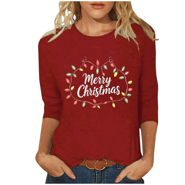 T-shirt de Noël à la Mode pour Femmes, Coupe Ample, Manches 3/4, Col Rond, Imprimé Élégant