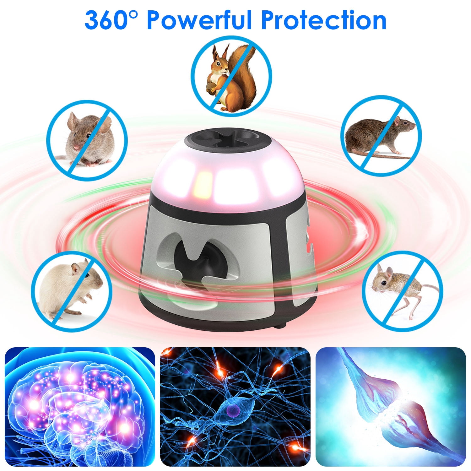 Imountek 360° Ultrasonic Mice Repellent 4 Modes 9 LED Strobe Lights Alarm Horn Indoor Pest Control for Kitchen Garage Warehouse