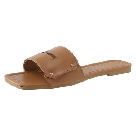 

KI-8jcuD Wedge Slippers for Women Fashion Spring and Summer Women Slippers Flat Bottom Square Toe Open Toe Solid Color Breathable Solid Color Minimali Brown9