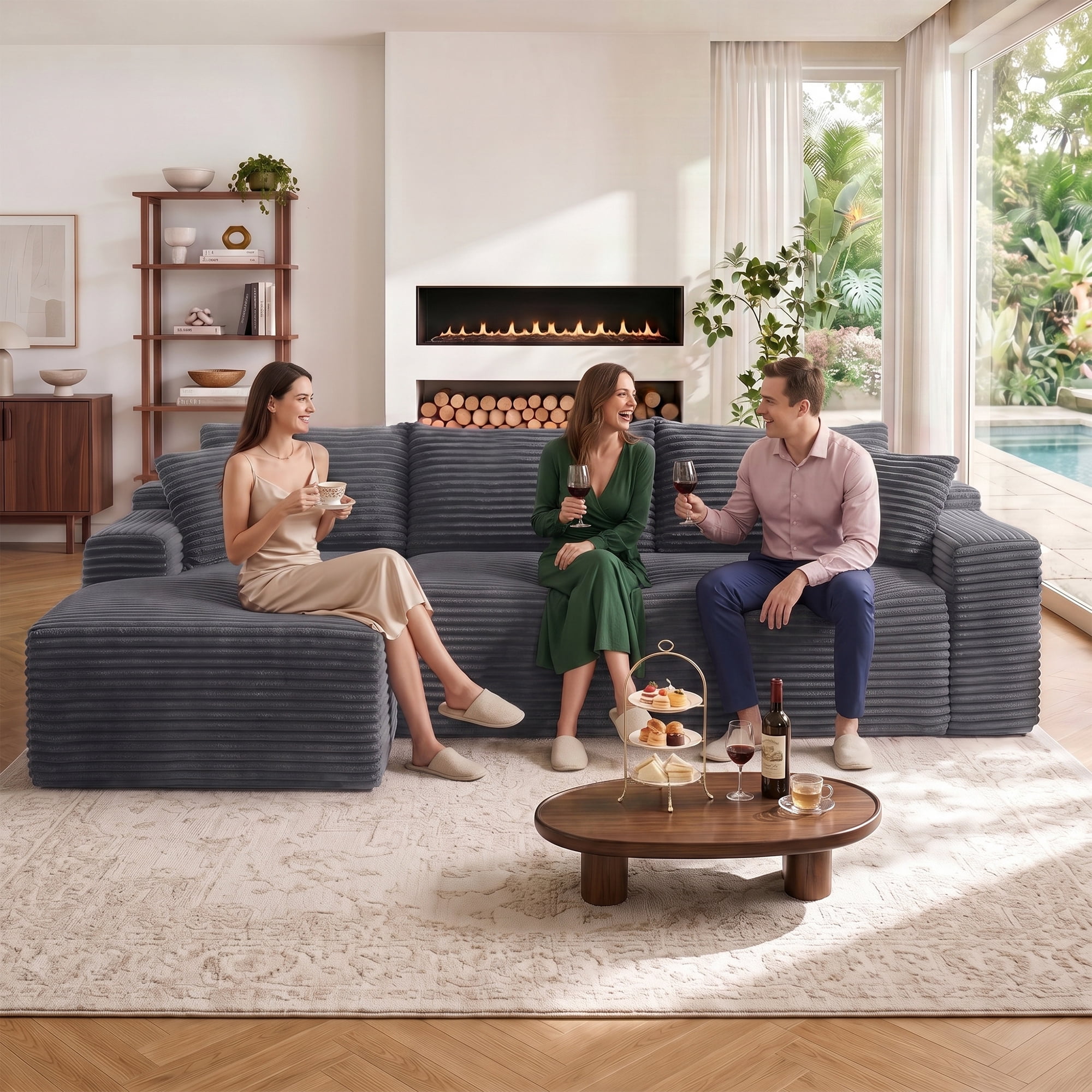 Aukfa 107" Boneless Modular Sectional Sofa, L-Shaped Corduroy Couch with Deep Seat and Left-Facing Chaise for Living Room, Gray