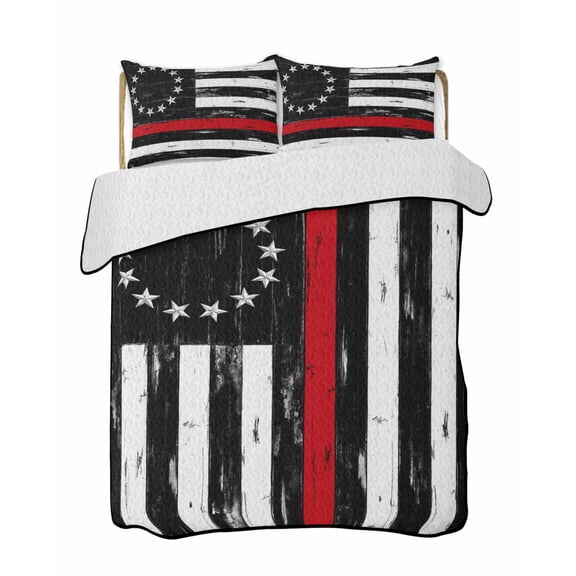 Twin Quilt Bedding Set, Red American Flag Reversible Summer Quilt 3 Pieces, Vintage USA Flag Stars Lightweight Bedspreads Coverlets with 2 Pillow Shams for All Seasons