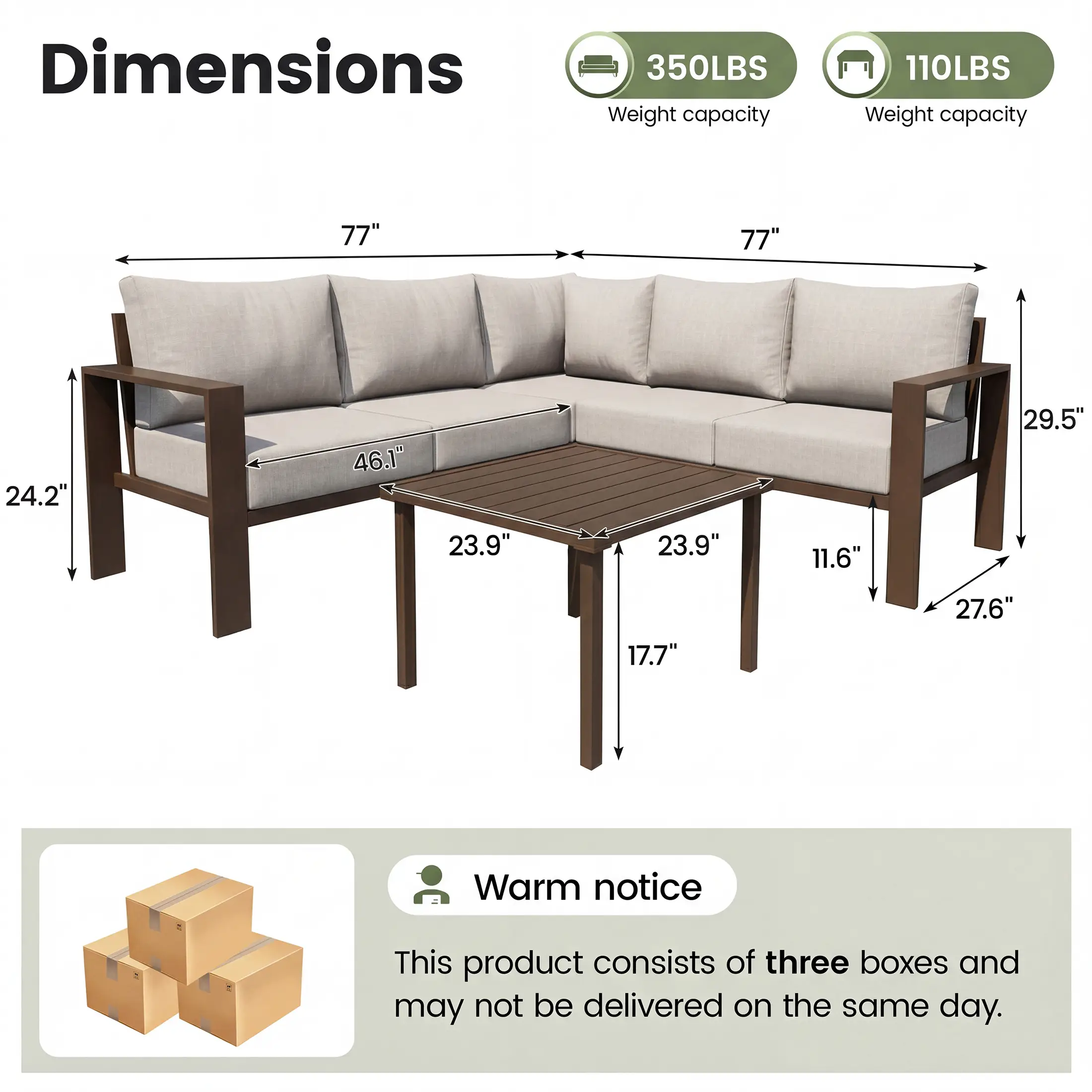 UDPATIO 6-Piece Outdoor Patio Furniture Set, Metal L-Shape Sectional Sofa with 6" Thick Olefin Cushions, Wide Armrest & Coffee Table, Beige for Garden, Backyard