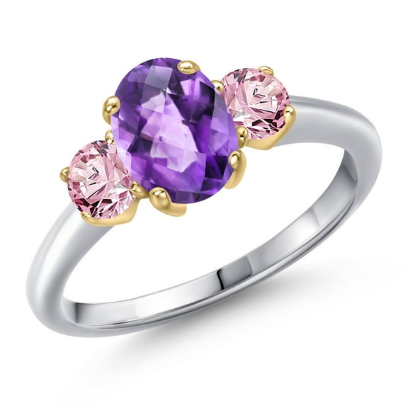 Gem Stone King 10K Two Tone Gold Purple Amethyst and Pink Lab Grown Diamond Engagement Ring for Women | 1.70 Cttw | Oval Checkerboard 8X6MM | Gemstone February Birthstone | Size 9
