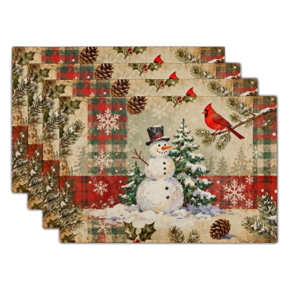 Retro Christmas Linen Dinner Place Mat 12x18 Inch Set of 4, Snowman and Red Green Checkered Country Style Placemats, for Party Dinner Decor Indoor