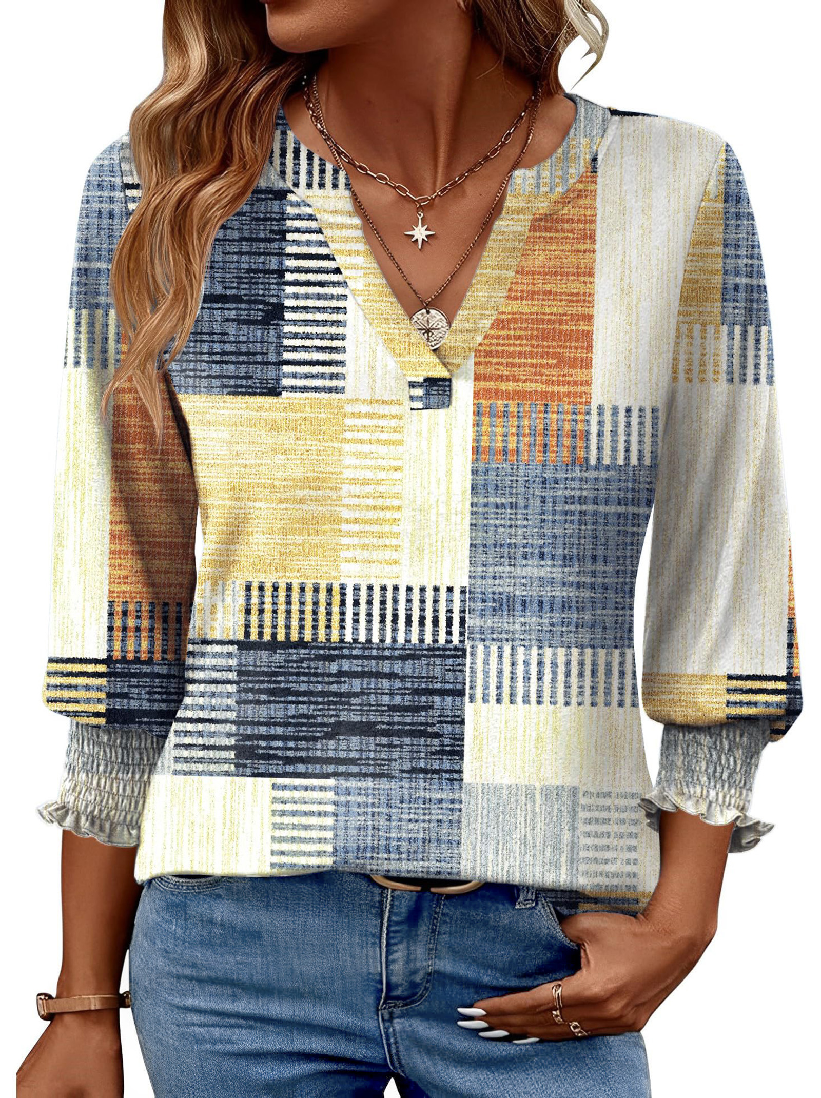 Fantaslook 3/4 Sleeve Womens Tops Dressy Casual Blouses V Neck Work Shirts Trendy Tops with Smocked Cuffs