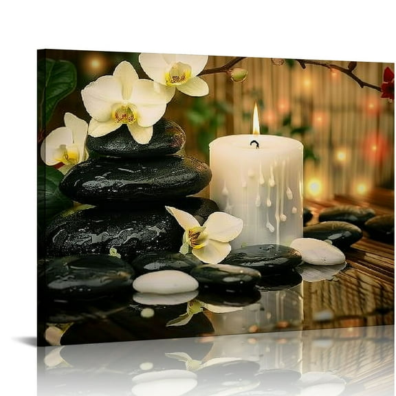 Patifu Zen Painting on Canvas-Modern Zen Canvas Prints-Zen Stones Canvas Wall Art Flower Pictures for Bathroom SPA Yoga Decor-Stone and Candle White 20x16in