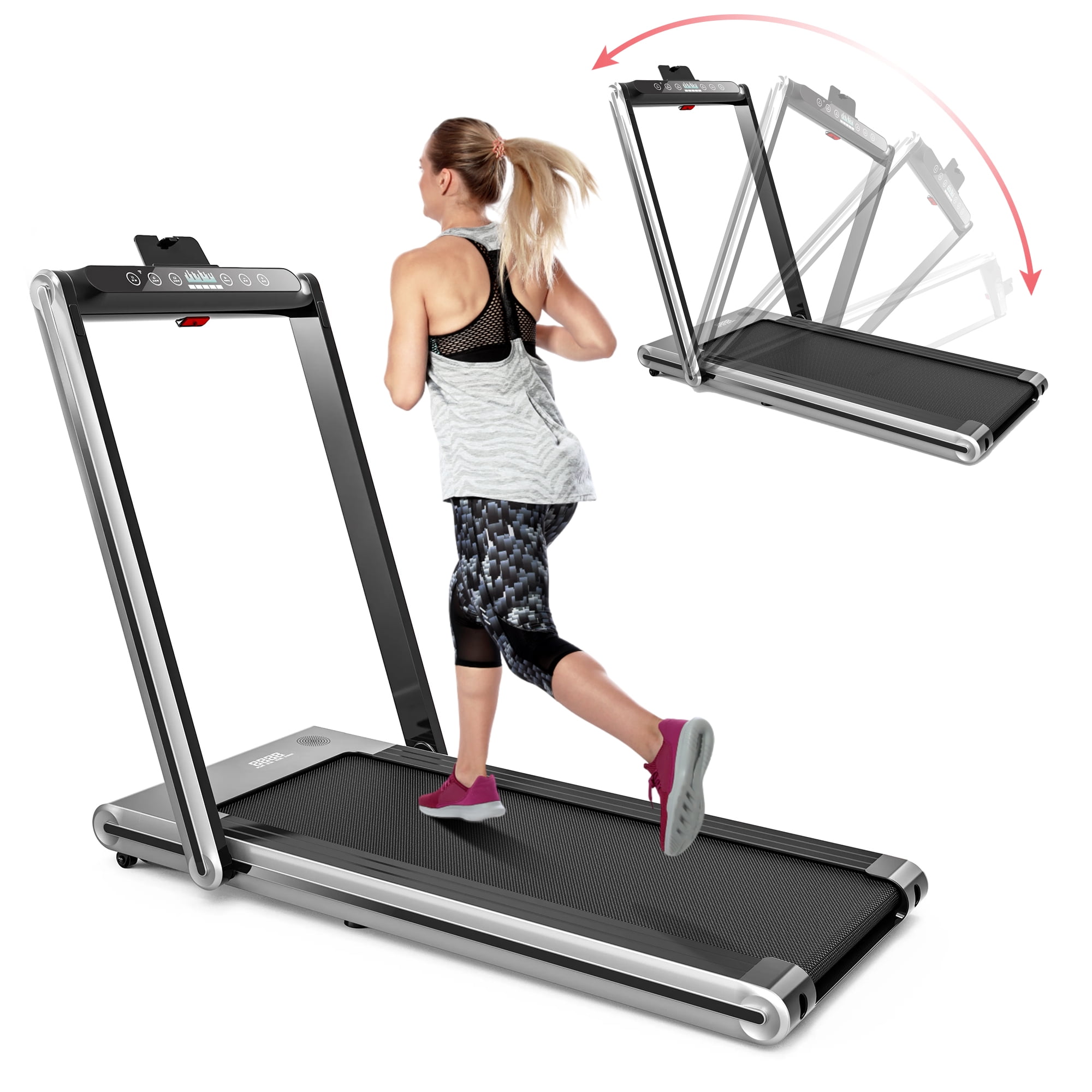 Fitti Folding Treadmill Running Machine Dual Display Screen for Home and Office Fitness Workout, 110 Lbs. Capacity, Silver