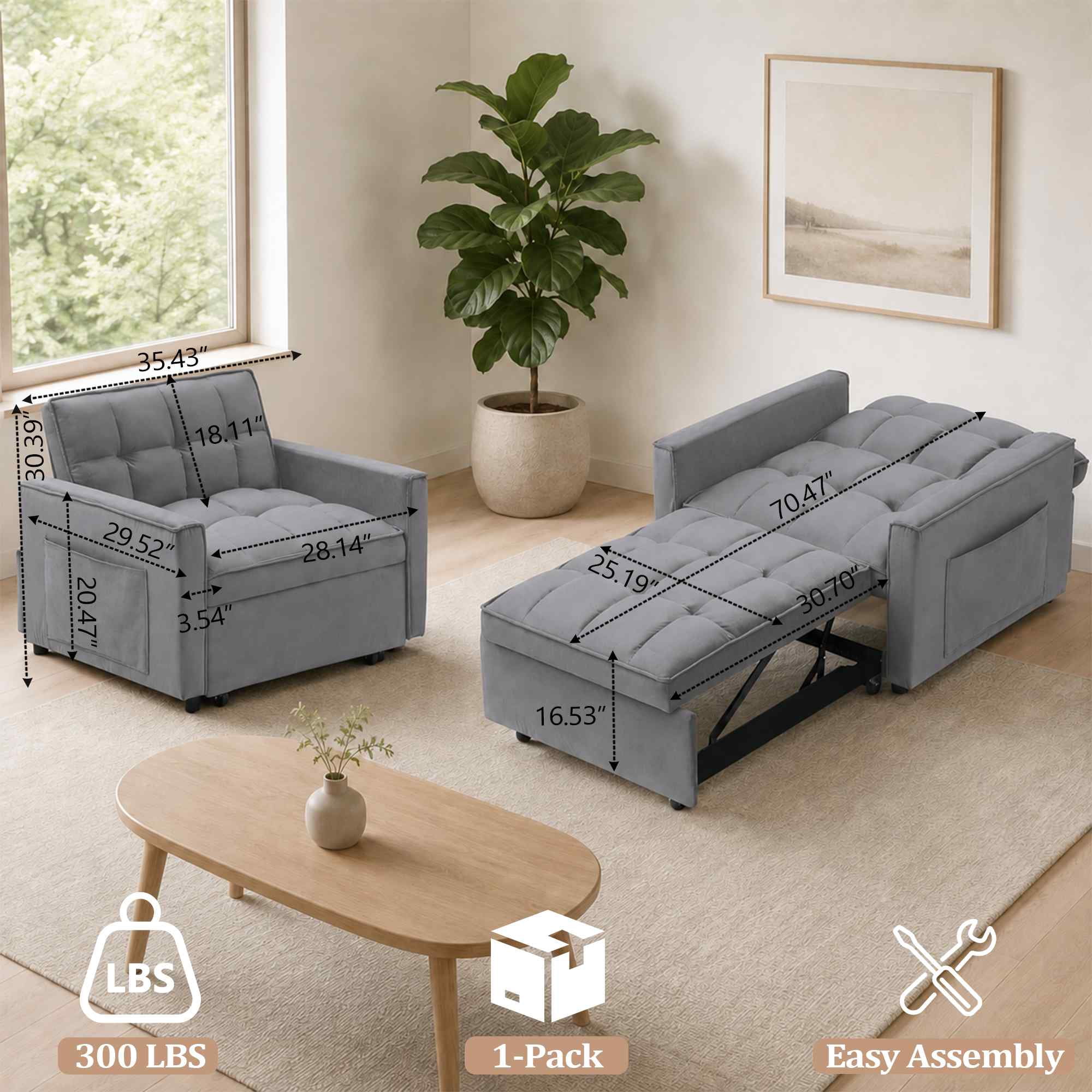 FFH Recliner Chair, Convertible Sofa Bed with Adjustable Backrest, Couch for Living Room, Bedroom, Dark Gray