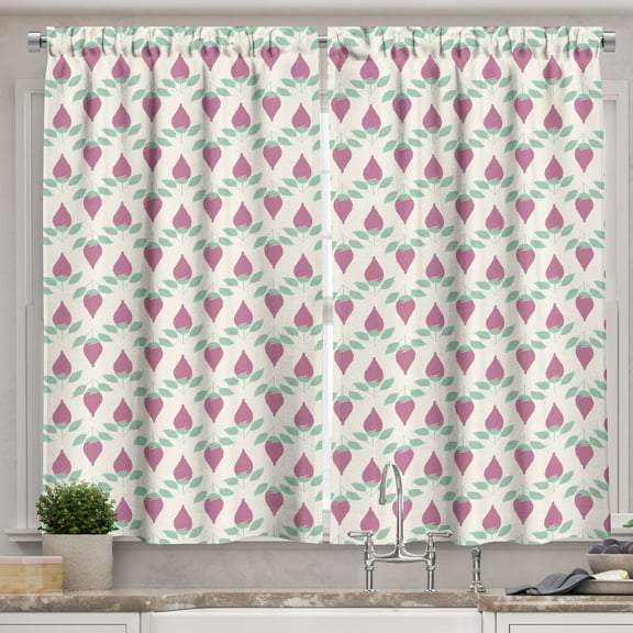 Ambesonne Floral Kitchen Curtains, Cartoon Flower Buds Pattern, 55"x39", Almond Green and Pale Fuchsia