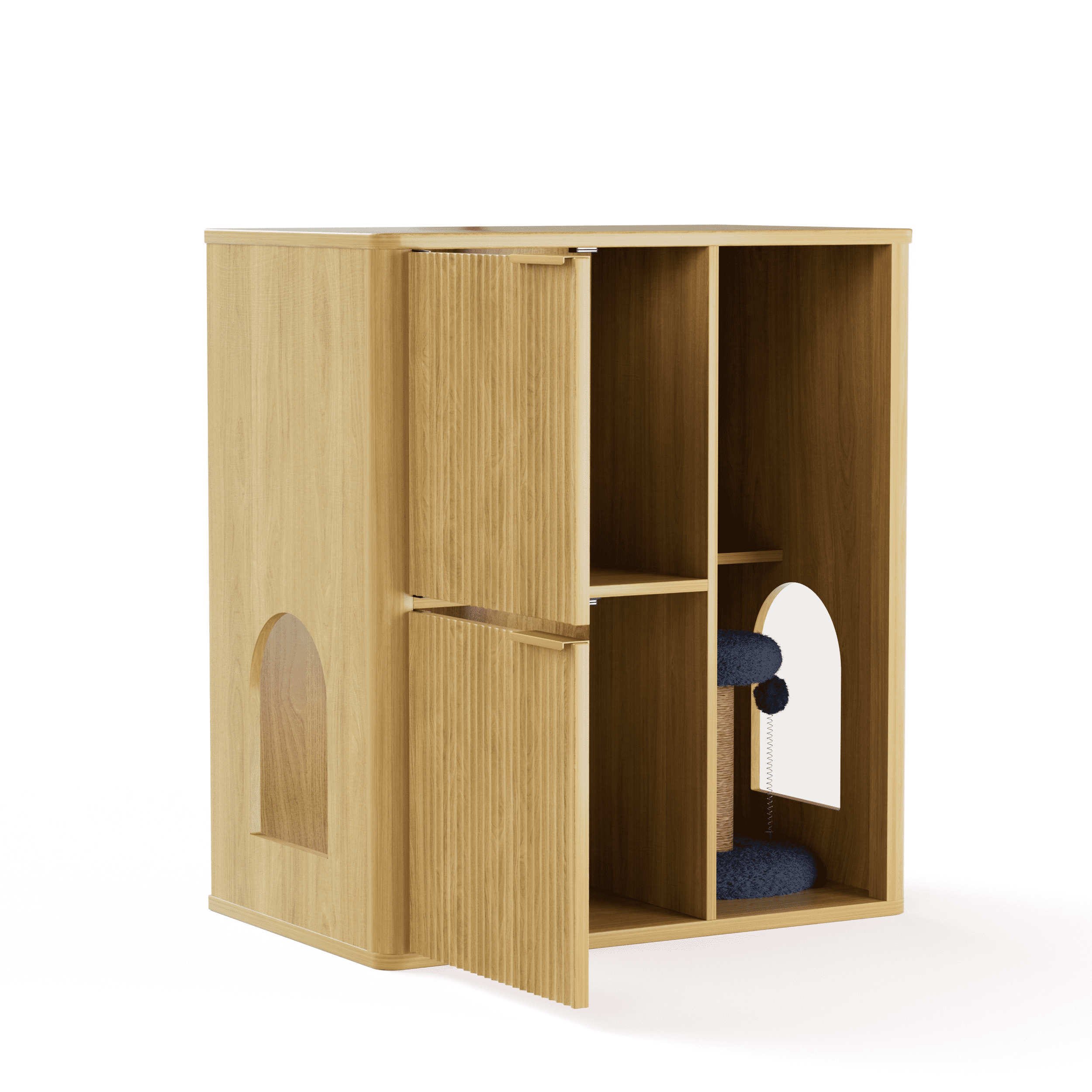 Cat Litter Cabinet with Cat Tree and Dual Cat Doors, Concealed Litter Box Enclosure and Storage Shelf for Living Room Bedroom, Natural