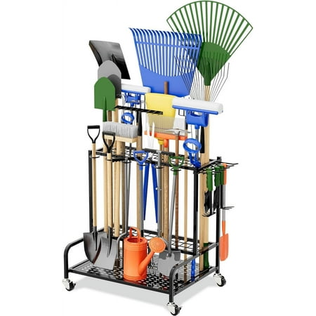 Sttoraboks Garden Tool Organizer with Wheels, Yard Tool Rack for Garage Organization and Storage, Heavy Duty Steel Tool Holder with Hooks, Garden Tool Stand for Basement, Outdoor, Home, Black