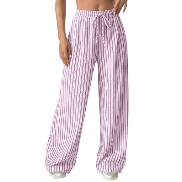 Qholemyo Drawstring Pants for Women Casual Versatile Striped High Waist Pants Lightweight Wide Leg Loose Trousers