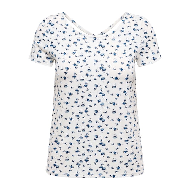 ONLY Camiseta para mujer - ONLBERA BACK LACE UP TO, cuello redondo, viscosa Blanco/Azul S (Small)
