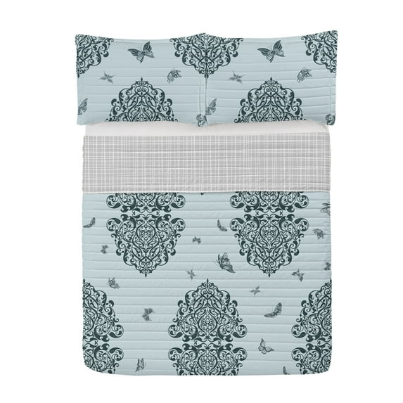 Vintage Reversible Bedspread Set, Delicate Butterflies Floating in the Air Retro Sprouting Floral Patterns Art Deco, Pillow Shams & Comforter Microfiber Bedding Set, 3 Sizes, Pale Blue, by Ambesonne