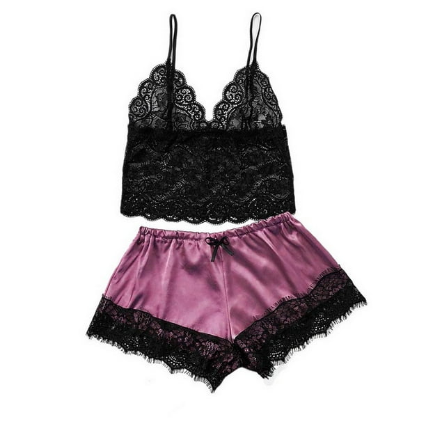 Women Sexy Lingerie Satin Lace V-Neck Shorts Set Sleepwear Women Sexy Sleeping Clothes Pajama For Women pangjing