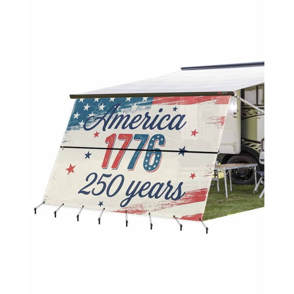 4th of July RV Awning Sun Shade Screen 9'X15.3' America 250 Years Mesh Sunscreen Red White Blue Stars Stripes Awning Shade Screen with Zipper UV Blocker Completed Kits for RV Motorhome Camper