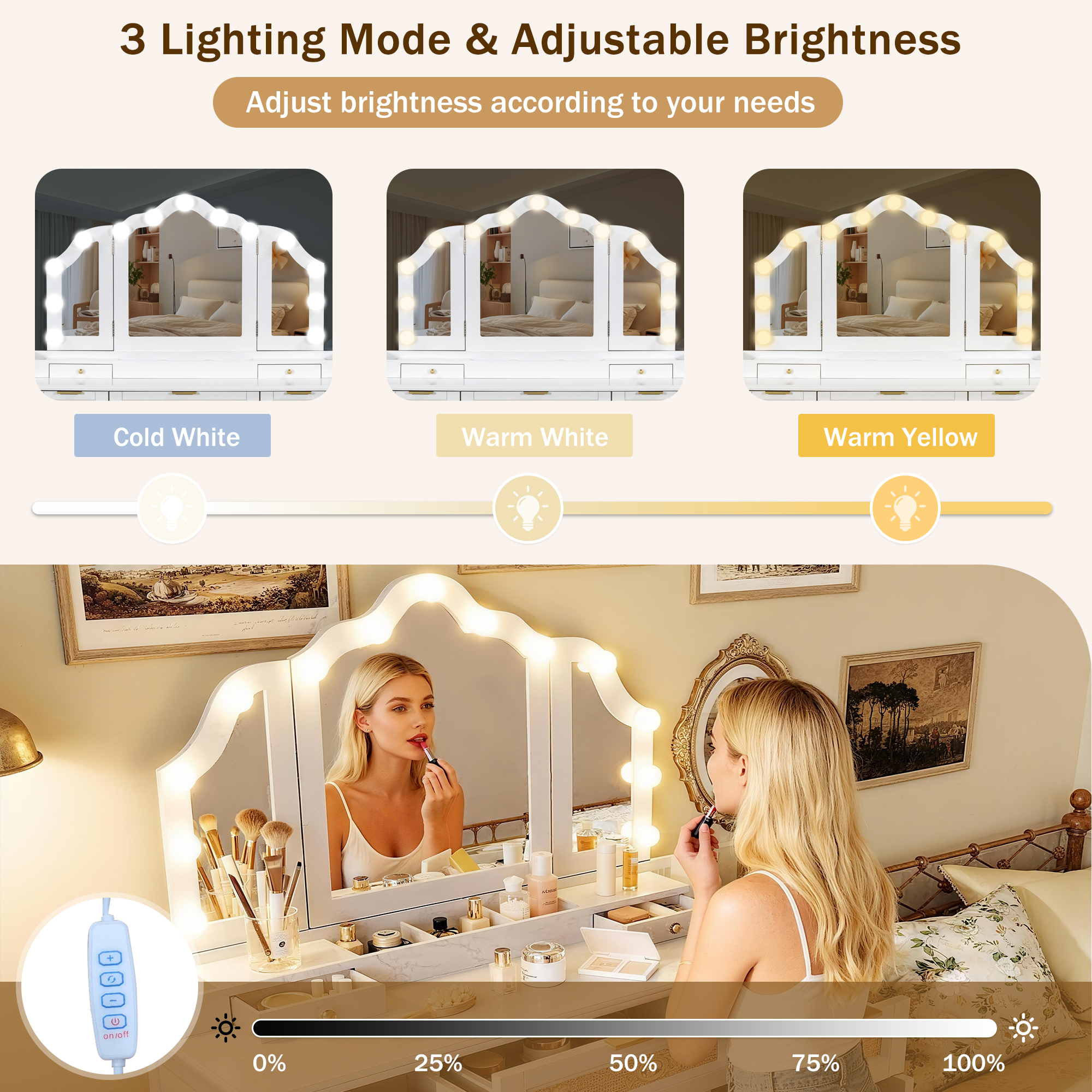 Mintazer 44" Makeup Vanity Set with Tri-Fold LED Mirror & Charging Station, Dressing Table with 5 Drawers & 2 Cabinets and Stool, Makeup Vanity Desk with Hollywood Bulbs for Bedroom, White