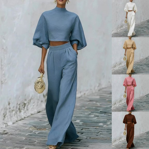 Womens Casual Two Piece Outfit High Neck Puff Sleeve Crop Top High Waist Wide Leg Pants Textured Casual Set Sky Blue XL(XL)