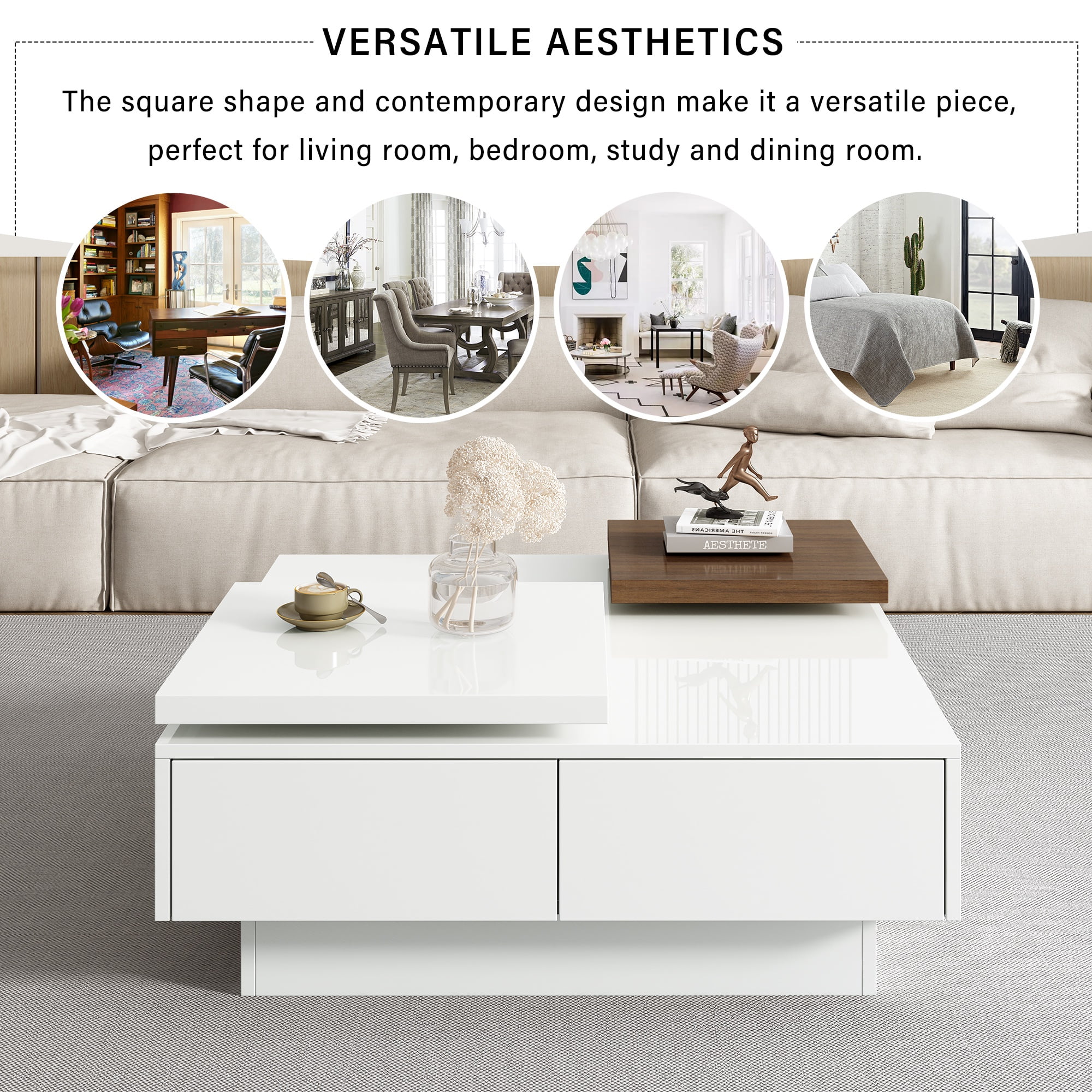 PORKISS Coffee Table, Wooden Coffee Table with Movable Top and High Gloss Finish, Freestanding Square Coffee Table with 4 Hidden Storage Drawers, Modern Cocktail Table for Living Room, White
