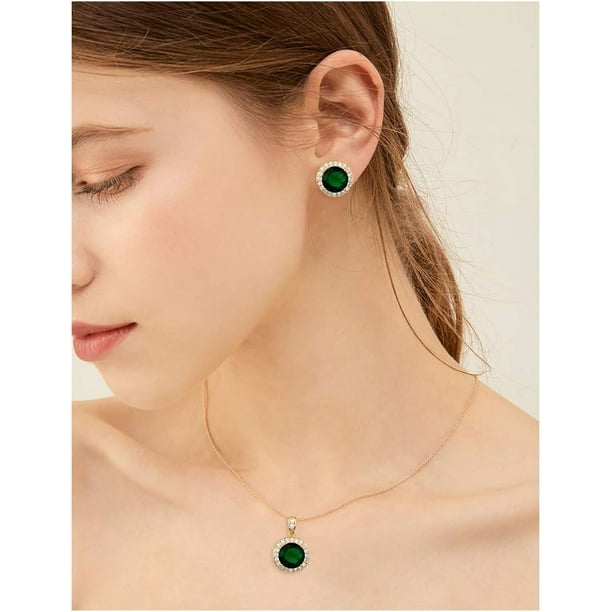 Top Emerald Gold Plated Sterling Silver Earrings, Gold Studs, Gold Earrings, Emerald Earrings, Gemstone Jewelry Set, Emerald Necklace