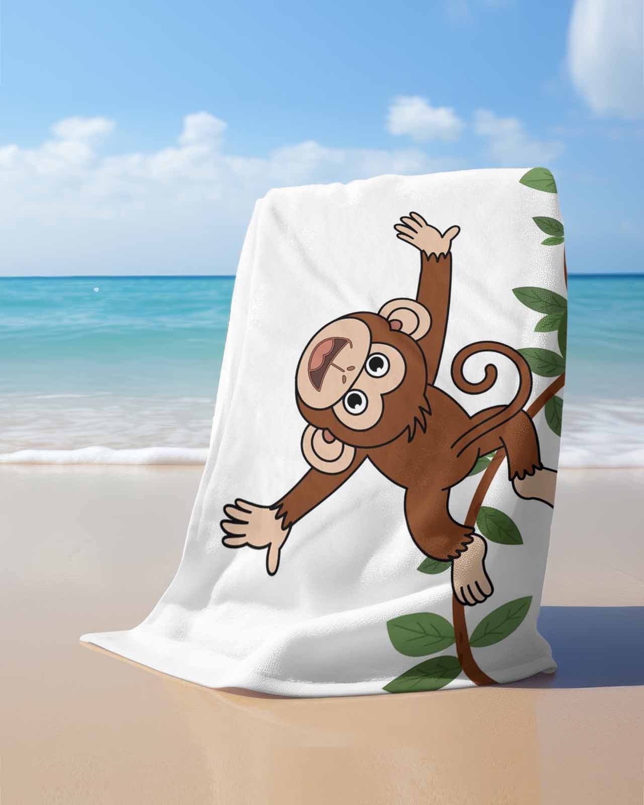 Brown Cute Monkey Beach Towels Oversized Super Absorbent, Playing Funny Animal on Branch Lightweight Bath Towel Quick Dry Sets For Bathroom/Pool/Rv Camping/Beach Play/Gym Room/Picnic 23"x47"