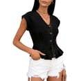 thumbnail image 3 of Women's Denim Vest Trendy Cap Sleeve V Neck Button Down Jean Vest Tops for Summer Crop Waistcoat Black, 3 of 4