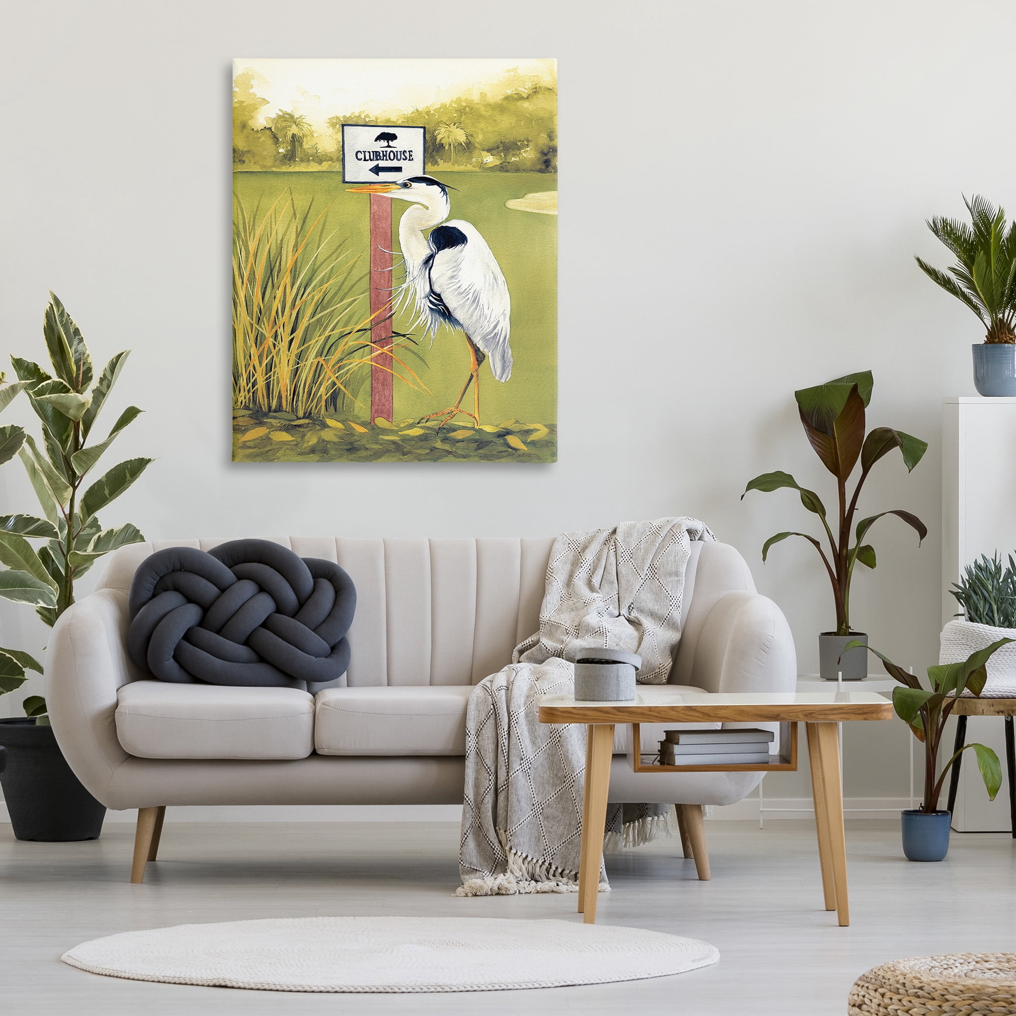 Stupell Industries Heron & Clubhouse Sign Animals & Insects Painting Gallery Wrapped Canvas Art Print Wall Art, 36 x 48