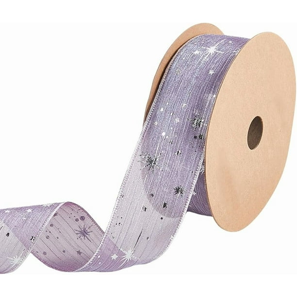 Cinta de organza de poliéster de gasa con estampado de estrellas moradas y purpurina transparente de 20 yardas y 1 5/8 pulgadas con estrellas plateadas
