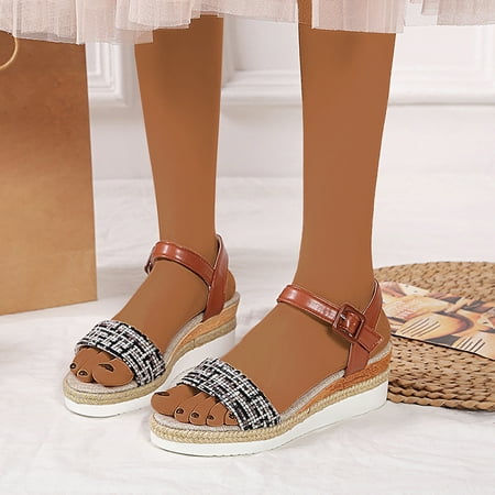 

XIAQUJ Ladies Fashion Summer Leather Open Toe Buckle Wedge Heel Thick Sole Roman Sandals Sandals for Women Black 7(38)
