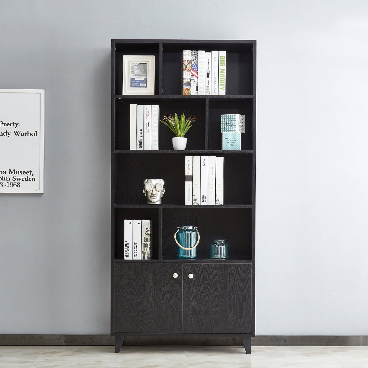 Private Jungle Modern Bookcase with 2 Doors 68" Tall Storage Wooden Bookshelf with 7 Compartments for Home Office,Black