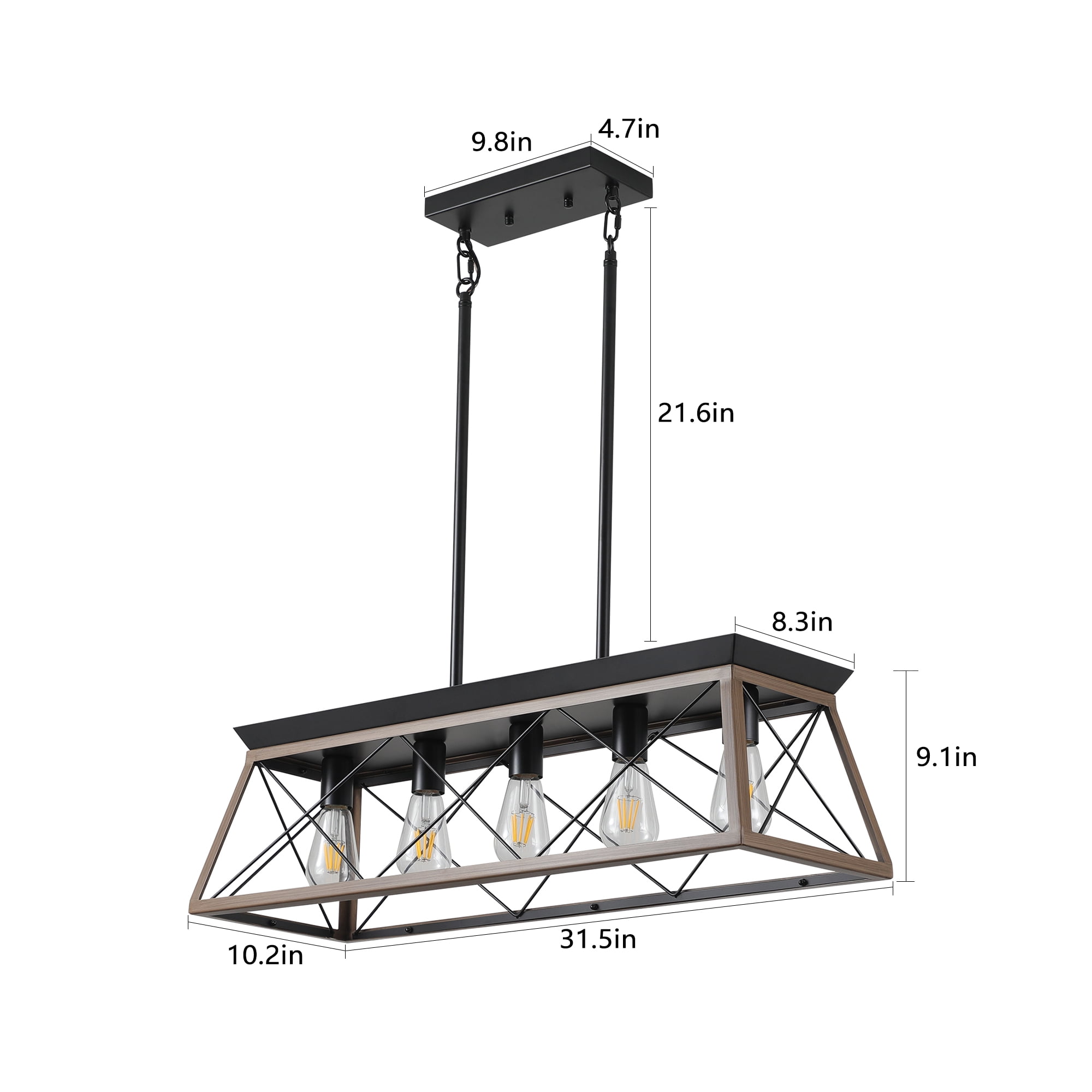5-Light Farmhouse Chandeliers for Dining Room, Rustic Kitchen Island Light Fixture, Linear Pendant Light with Walnut Finish Rectangular Chandelier, Metal Solid Ceiling Lights