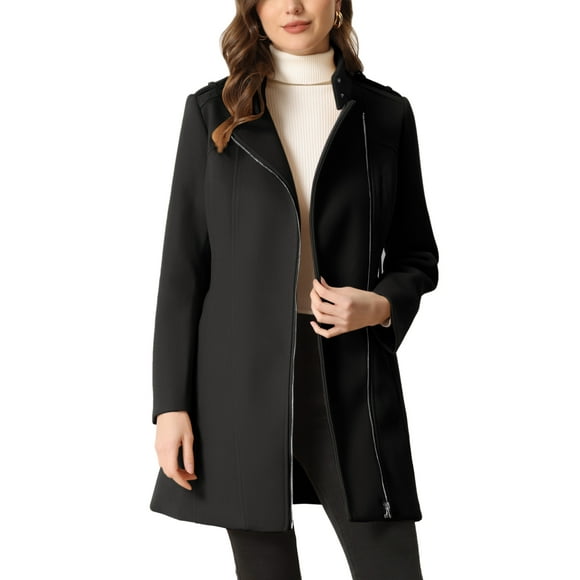 INSPIRE CHIC Classic Stand Collar Coat for Women's Zip Up Trench Coats with Belt Black S