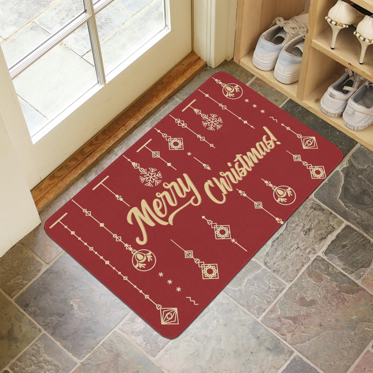 Invuni Merry Christmas Door Mat Indoor & Outdoor Front Entrance Doormat Linen Rug Heavy Rubber Backing for Non Slip Home Decor, 30" X 17"