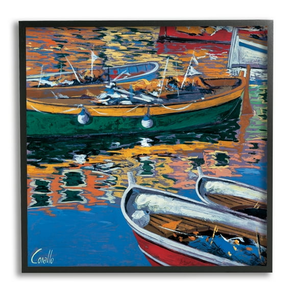 Stupell Industries Boats in Water Reflection Transportation Painting Black Framed Art Print Wall Art, 12 x 12