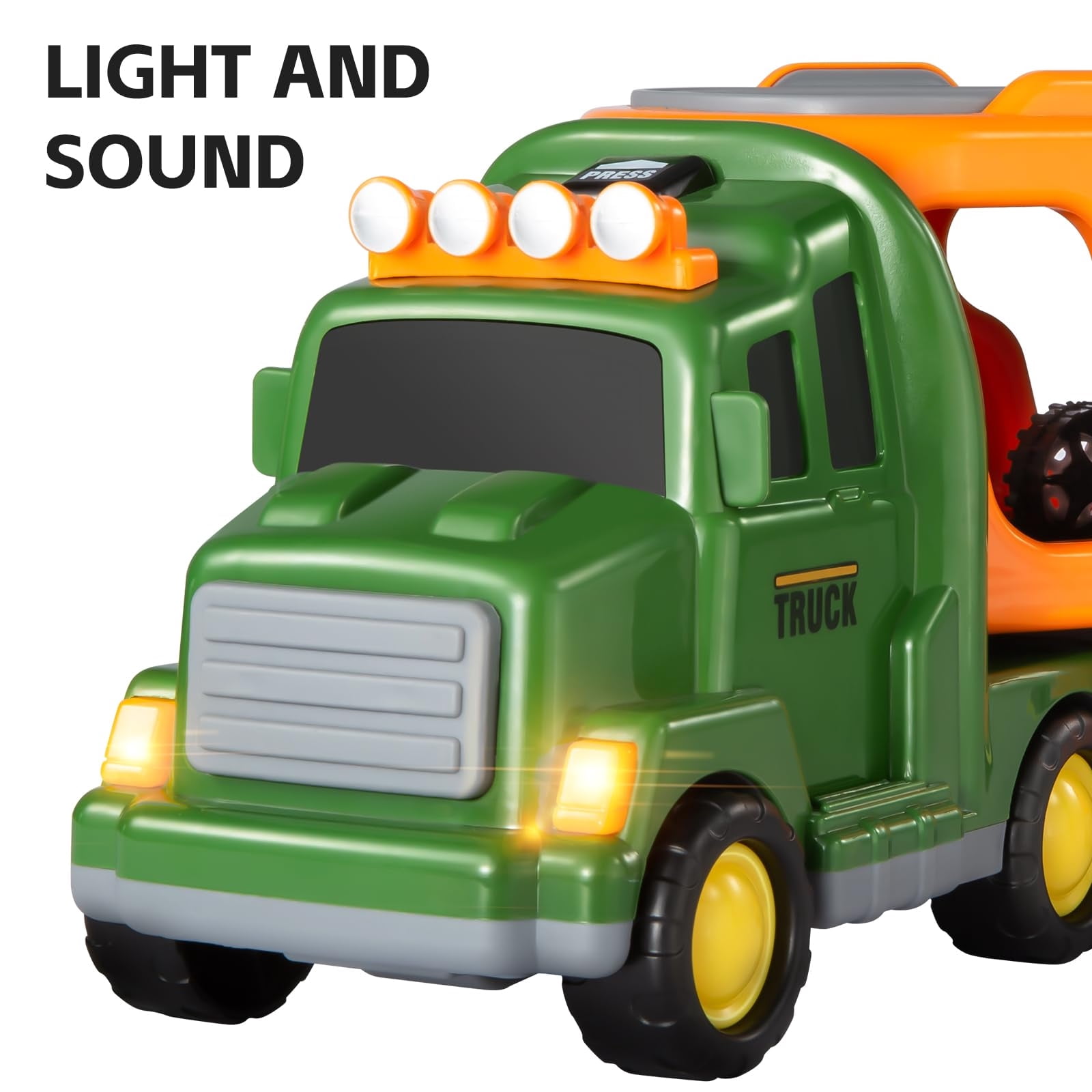 Dinosaur Truck Toy for Toddlers, Transport Carrier Dino Play Set with 3 Dinosaur Figures and 3 Cars, Lights and Music, Gift for Boys Girls Ages 3-5