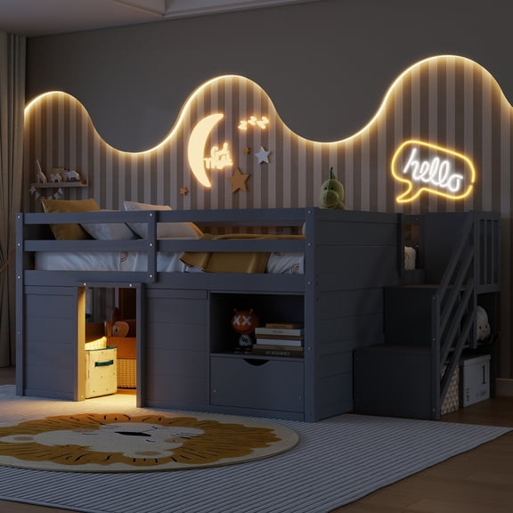Full Size Solid Wood Low Loft Bed with Built-in Stairs, Storage Drawer, Shelf and 7-Color LED Lights, Gray