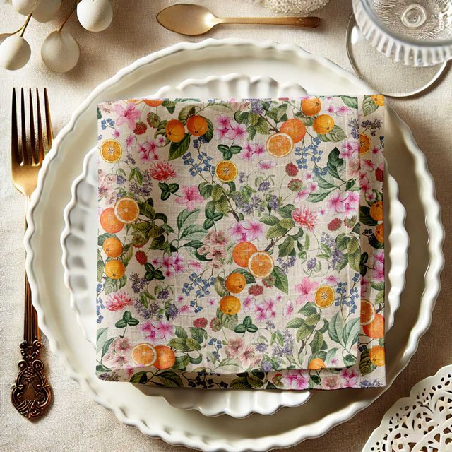 Vargottam Premium Cotton Muslin Napkins - Set of 12, 20-Inch Orange Fruits Design, Soft and Absorbent Cloth Napkins for Dining, Decor, Weddings, and Special Occasions - Machine Washable, Table Linens
