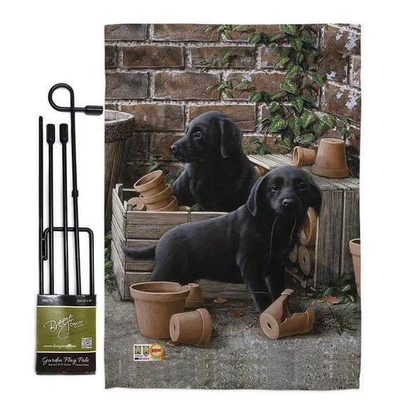 Breeze Decor BD-PT-GS-110007-IP-BO-D-US15-AL 13 x 18.5 in. Black Lab Pups Nature Pets Vertical Double Sided Mini Garden Flag Set with Banner Pole