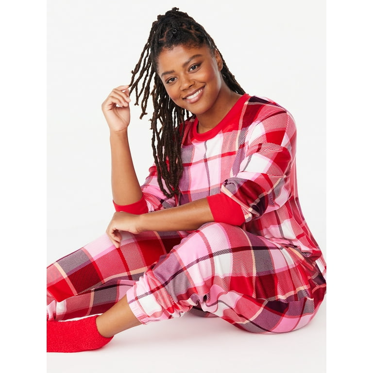 Joyspun Women's Plaid Stretch Velour Top and Joggers Pajama Set with Socks,  3-Piece, Sizes S to 3X 