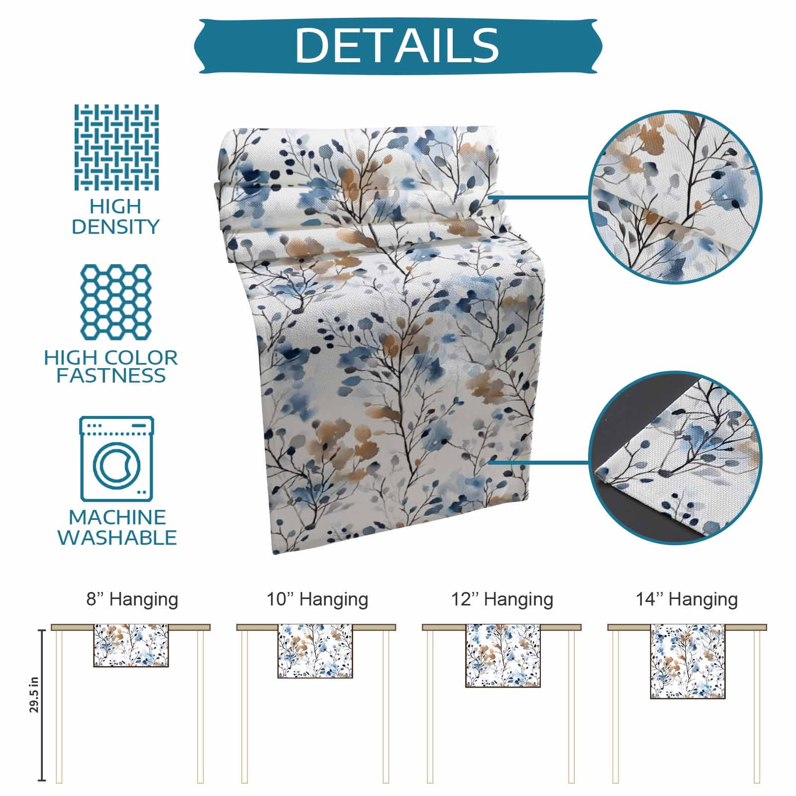 Blue Brown Spring Floral Table Runner, Summer Botanical Art Washable Cotton Linen Table Runners 90 Inches Long, Dresser Scarf Runner for Dining/Coffee/Kitchen/Hallway Tables 13''x90''