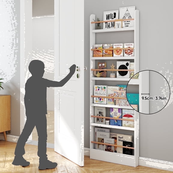 VGBYUJ Behind The Door Bookshelf, 6 Tier Slim Bookcase for Narrow Space, Space-Saving Wall Mount Narrow BookShelf for Bedroom Living Room Kitchen, White