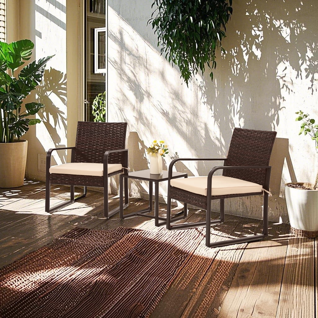 Bezseller 3-Piece Patio Bistro Set, Outdoor Rattan Furniture Patio Chairs with Coffee Table Conversation Set, Brown