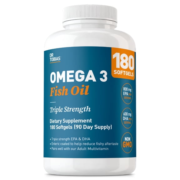 Dr. Tobias Omega 3 Fish Oil 2000mg Triple Strength with 800mg EPA 600mg DHA Per Serving | Fish Oil Omega 3 Supplements for Heart Brain & Immune Support - 180 Softgels (90 Servings)