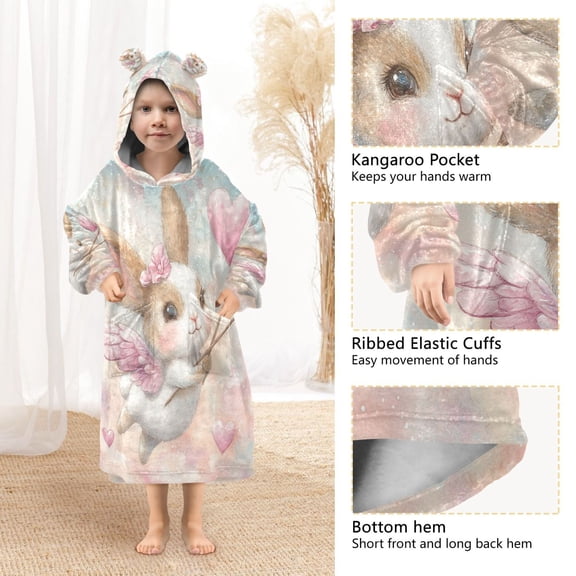 YAZAOO Kids Wearable Blanket Hoodie Warm and Cozy Cupid's Bunny Flannel Sweatshirt