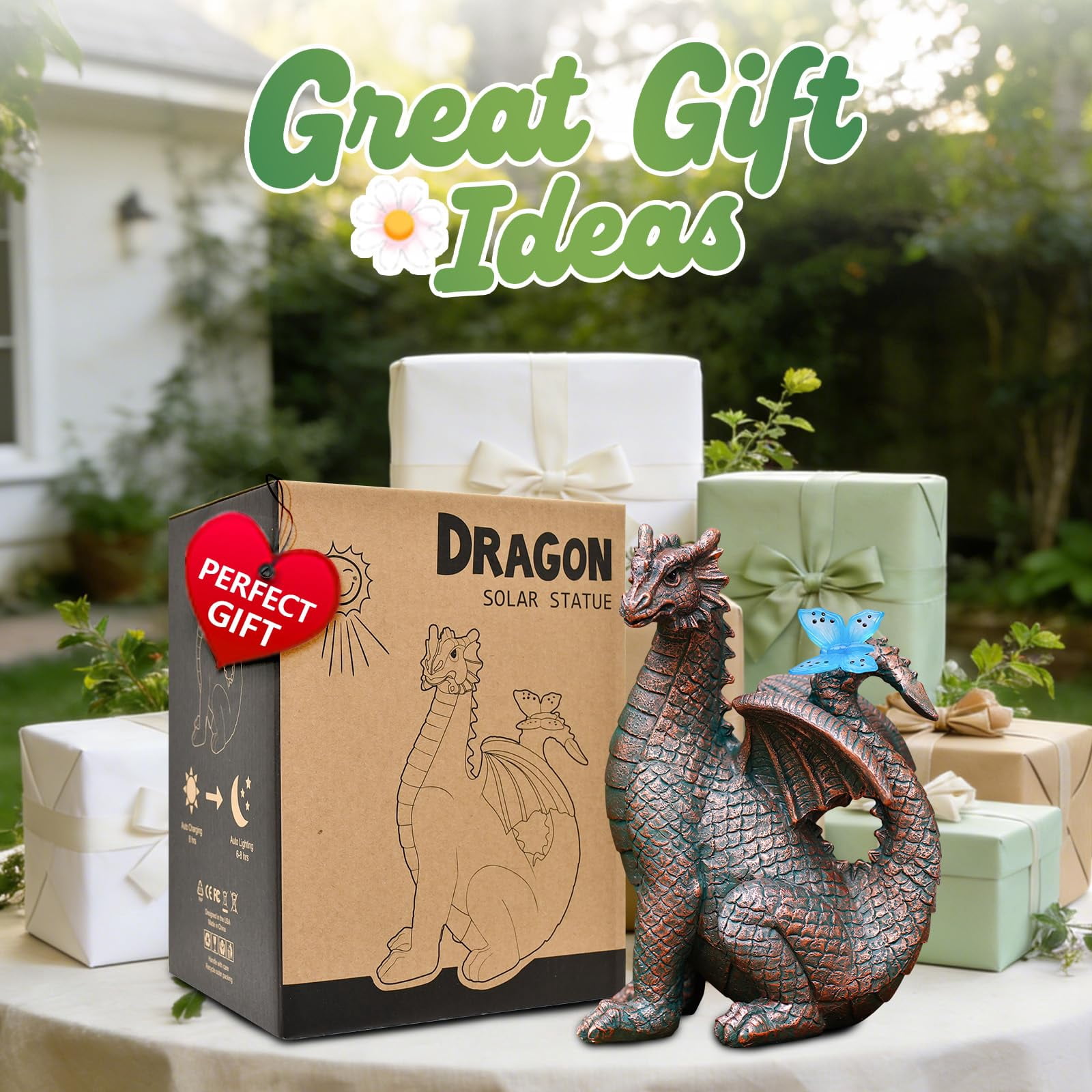 Solar Dragon Outdoor Statues For Garden: Outside Decor With Butterfly Clearance Yard Art Lawn Ornaments Porch Patio Balcony Home House Mom Grandma Women