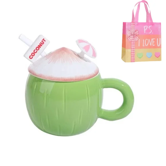 Coffee Mug Ceramic Tea Cup - 3D Coconut Shaped Cute Funny Mugs with Lid and Straw (pink