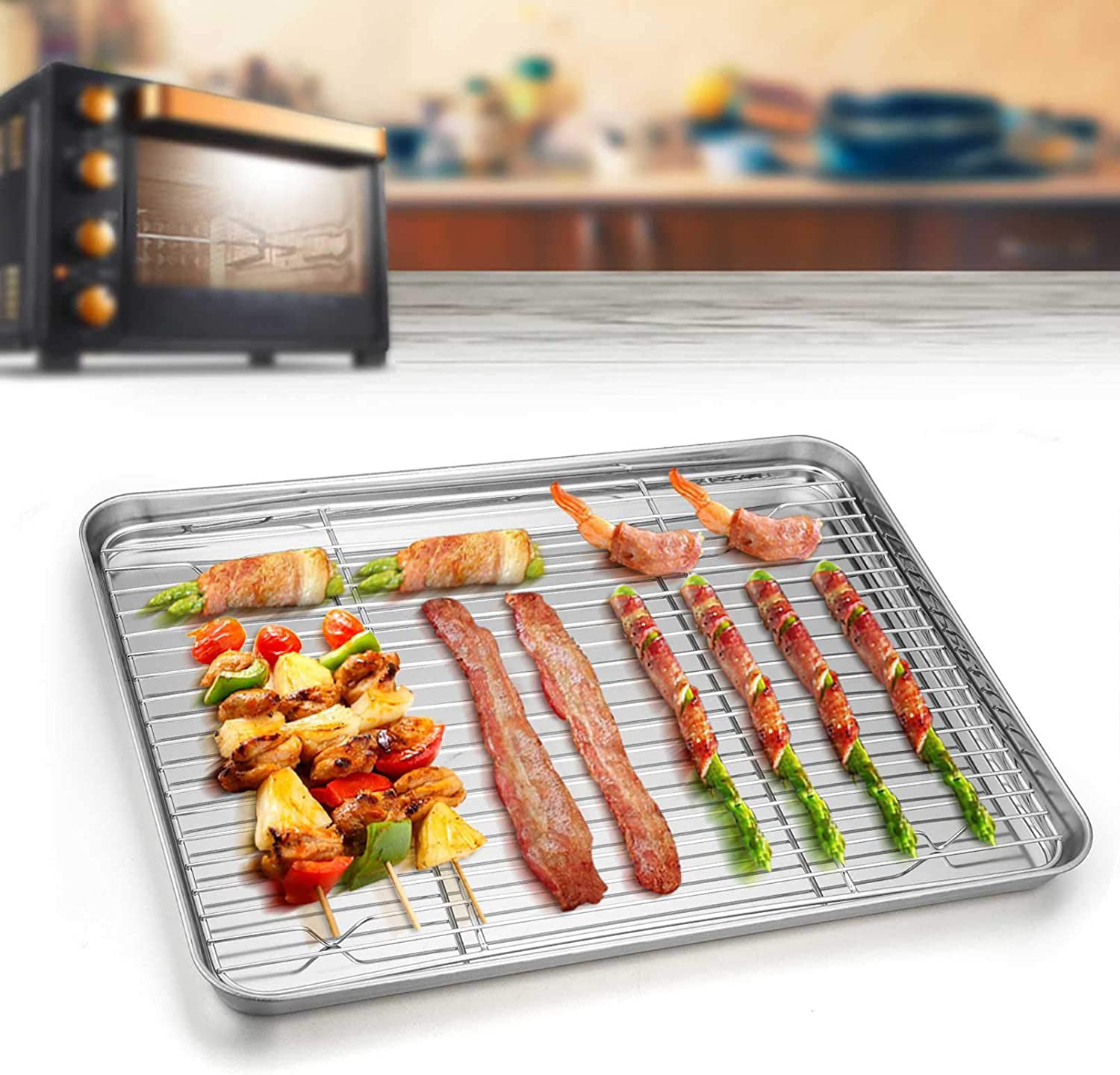 Stainless Steel Baking Sheet with Rack Set, E-far 12.4”x9.7” Cookie Sheet  Broiling Pan for Oven, Rimmed Metal Tray with Wire Rack for