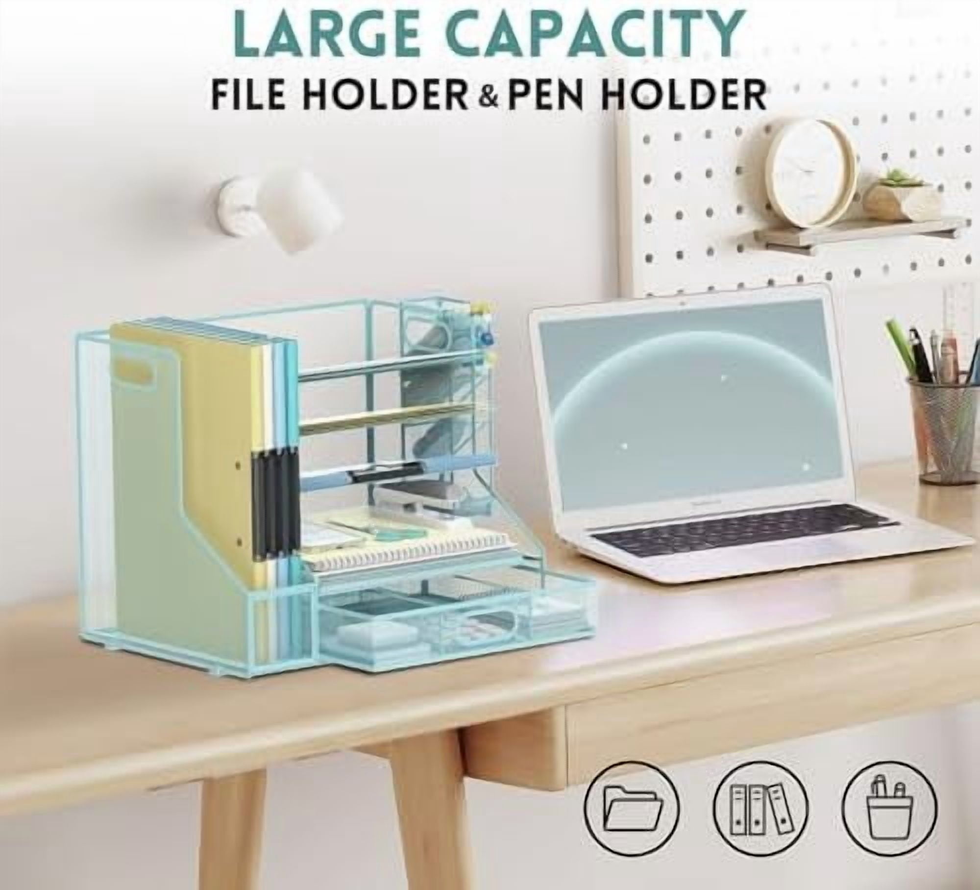 Jointown Mesh Desk Organizer, 5-Tier Paper Letter Tray with File Holder & Pen Holder & Sliding Drawer, Desktop Organizer and Storage for Desk Accessories Office Supplies, Blue