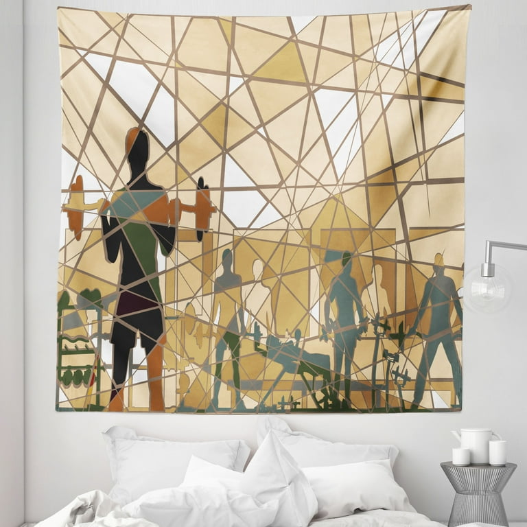 Fitness Tapestry Mosaic Design of People Exercising in a Gym Barbells Weightlift Fabric Wall Hanging Decor for Bedroom Living Room Dorm 5 Sizes