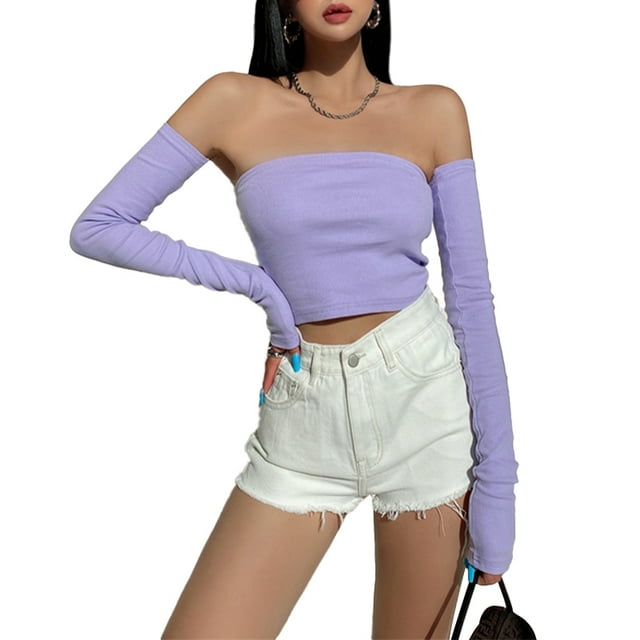Mialoley Female Summer Solid Color Tops,Boat Neck Blouse Pullover with Long Sleeves